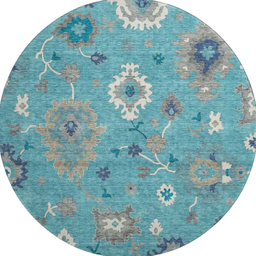 8' Teal Ivory And Gray Floral Medallion Washable Round Rug With UV Protection Photo 3