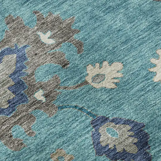 8' Teal Ivory And Gray Floral Medallion Washable Round Rug With UV Protection Photo 9