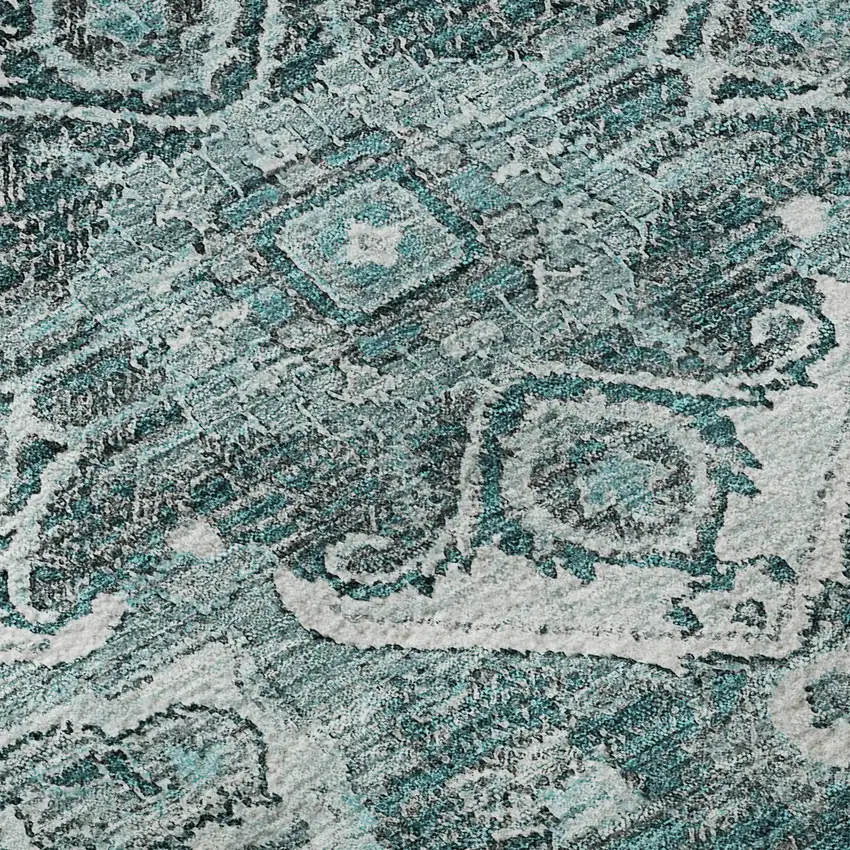 8' Teal Ivory And Gray Floral Medallion Washable Round Rug With UV Protection Photo 9