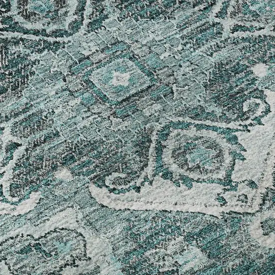 8' Teal Ivory And Gray Floral Medallion Washable Round Rug With UV Protection Photo 9