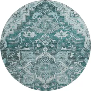 Photo of 8' Teal Ivory And Gray Floral Medallion Washable Round Rug With UV Protection