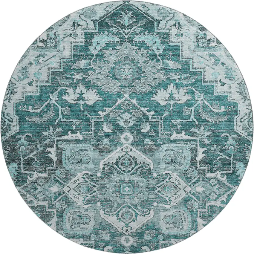 8' Teal Ivory And Gray Floral Medallion Washable Round Rug With UV Protection Photo 1