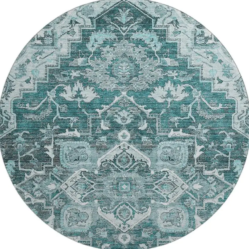 8' Teal Ivory And Gray Floral Medallion Washable Round Rug With UV Protection Photo 3