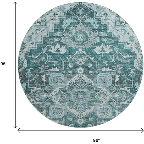 8' Teal Ivory And Gray Floral Medallion Washable Round Rug With UV Protection Photo 3