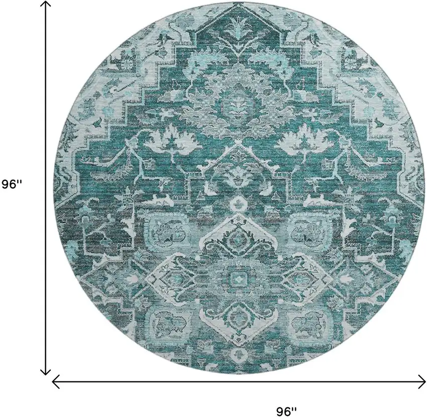 8' Teal Ivory And Gray Floral Medallion Washable Round Rug With UV Protection Photo 3