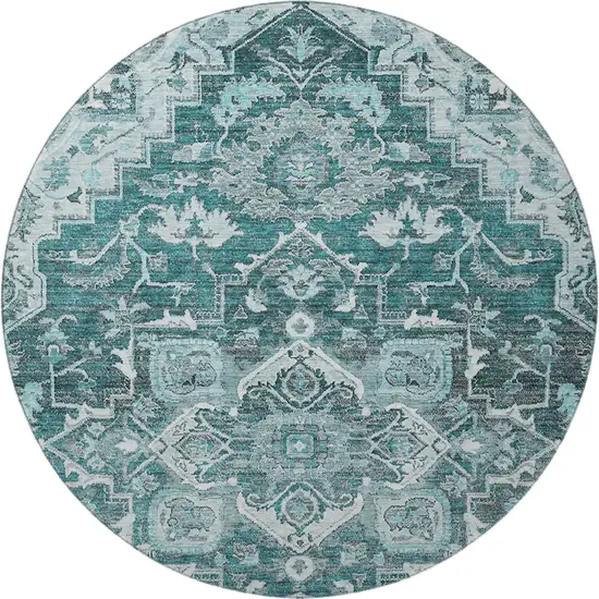 8' Teal Ivory And Gray Floral Medallion Washable Round Rug With UV Protection Photo 4