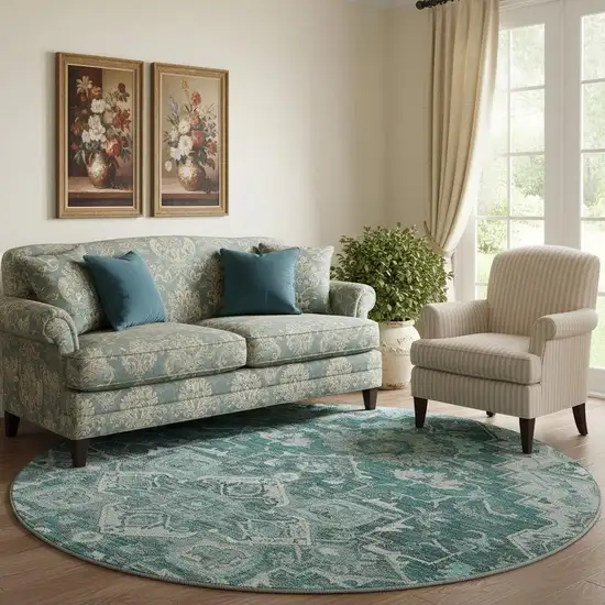 8' Teal Ivory And Gray Floral Medallion Washable Round Rug With UV Protection Photo 1