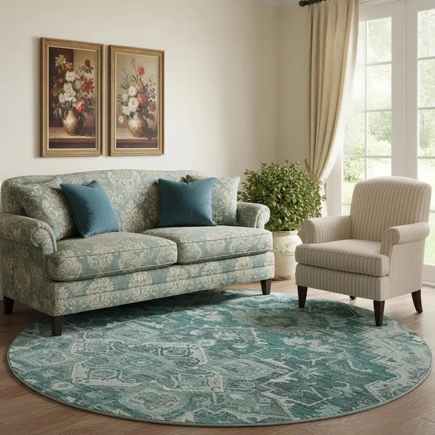 8' Teal Ivory And Gray Floral Medallion Washable Round Rug With UV Protection Photo 1