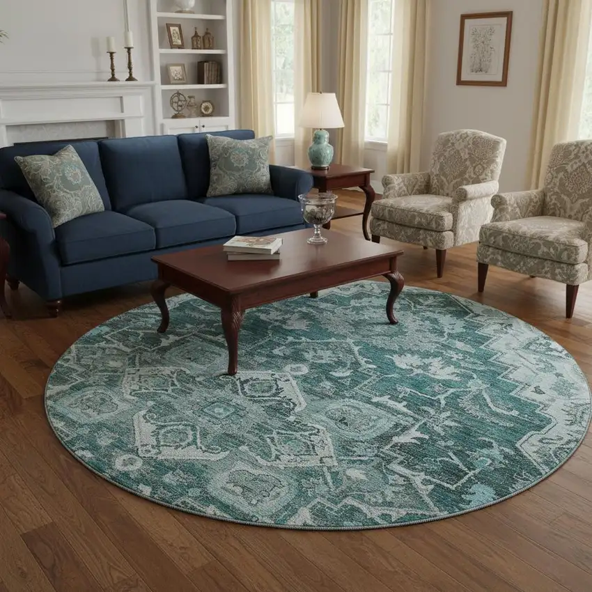 8' Teal Ivory And Gray Floral Medallion Washable Round Rug With UV Protection Photo 2