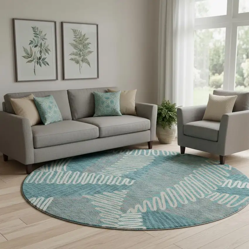 8' Teal Ivory And Gray Floral Washable Round Rug With UV Protection Photo 1