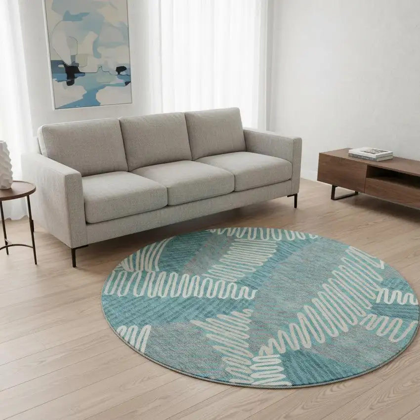 8' Teal Ivory And Gray Floral Washable Round Rug With UV Protection Photo 2