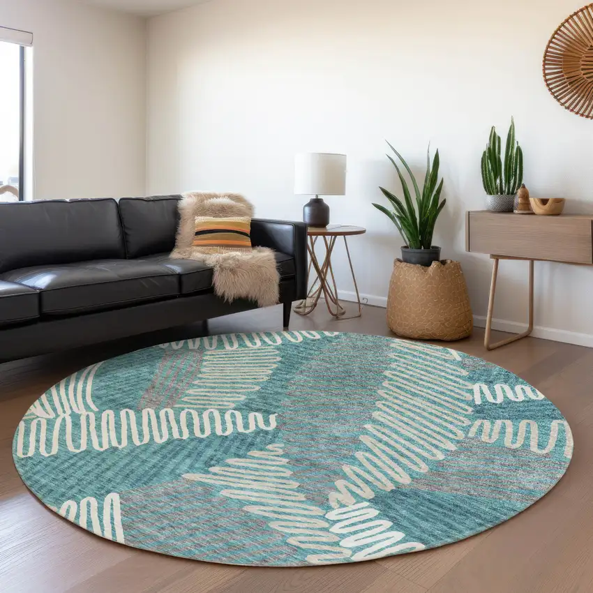 8' Teal Ivory And Gray Floral Washable Round Rug With UV Protection Photo 4