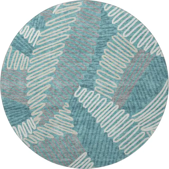8' Teal Ivory And Gray Floral Washable Round Rug With UV Protection Photo 3