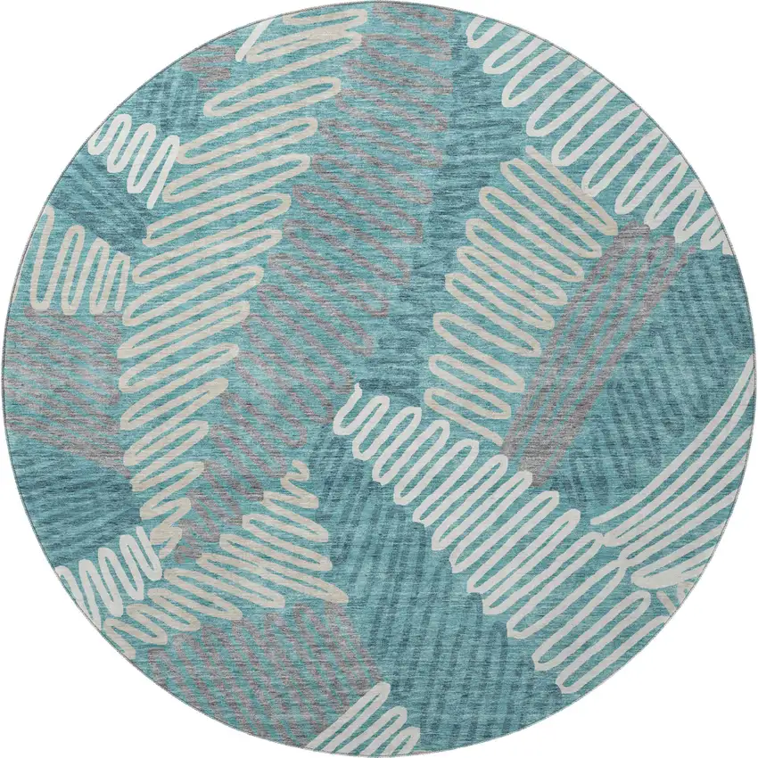 8' Teal Ivory And Gray Floral Washable Round Rug With UV Protection Photo 3