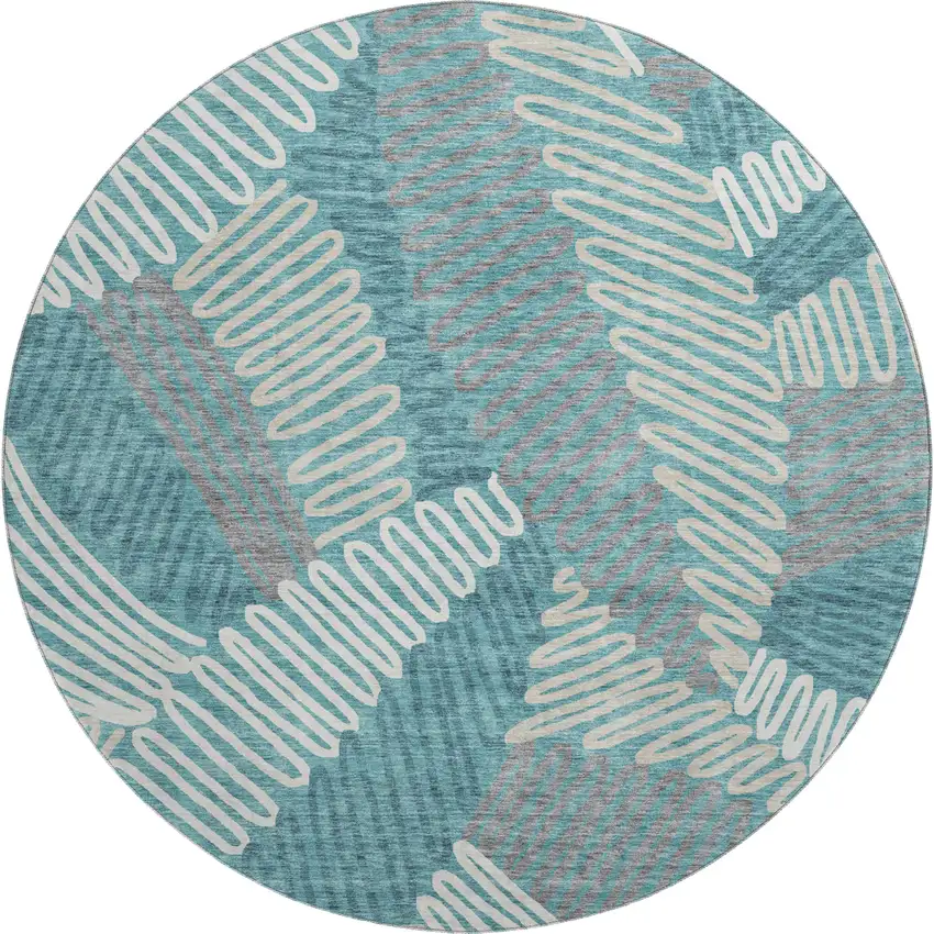 8' Teal Ivory And Gray Floral Washable Round Rug With UV Protection Photo 1