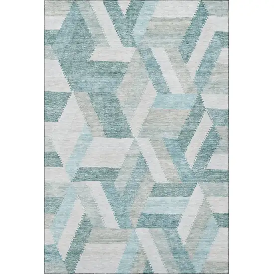 8' Teal Ivory And Gray Geometric Washable Area Rug With UV Protection Photo 3