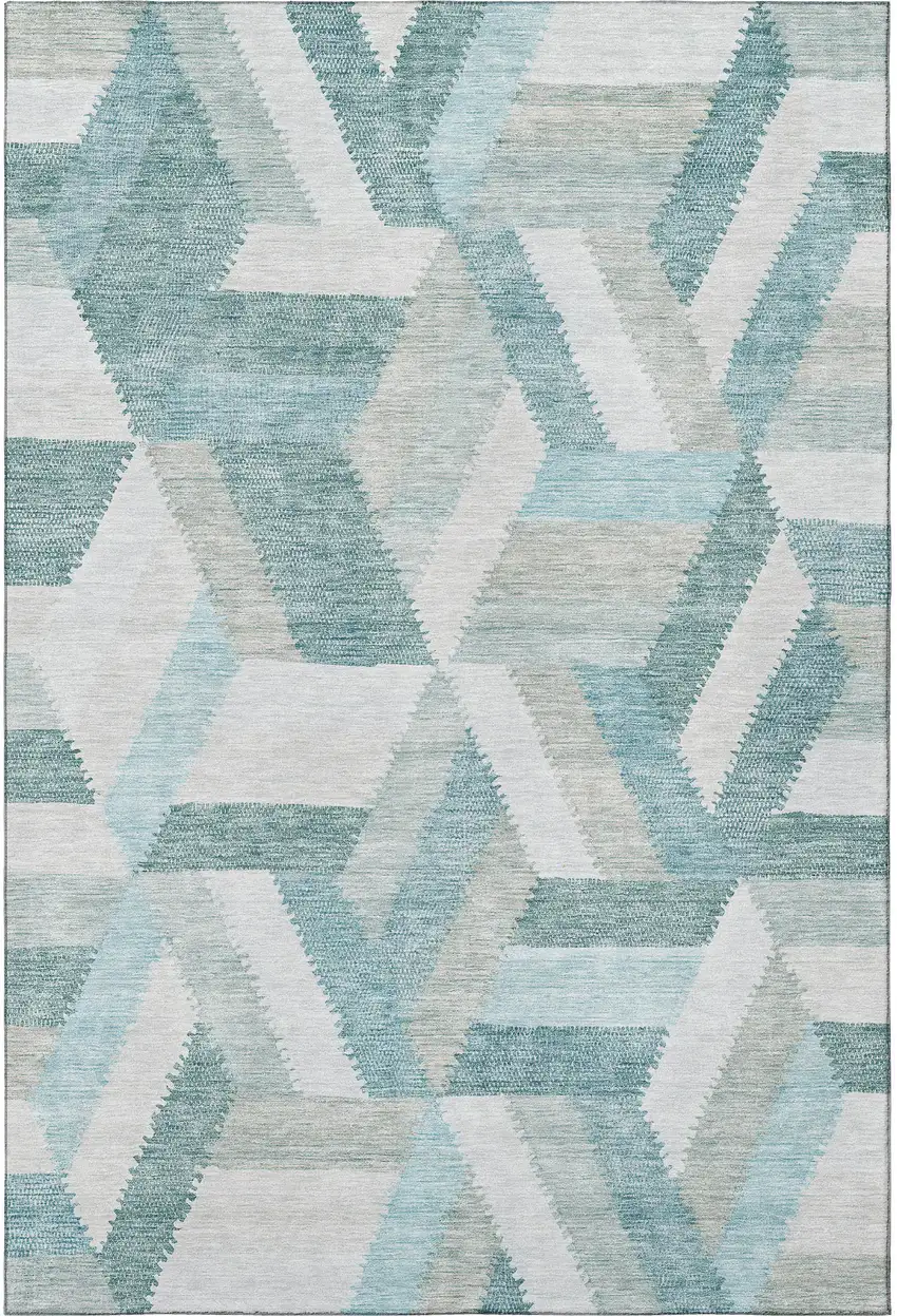 8' Teal Ivory And Gray Geometric Washable Area Rug With UV Protection Photo 3