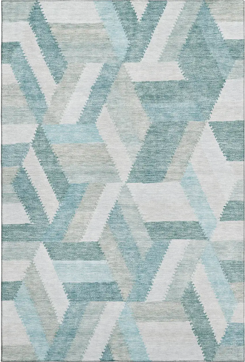 8' Teal Ivory And Gray Geometric Washable Area Rug With UV Protection Photo 1