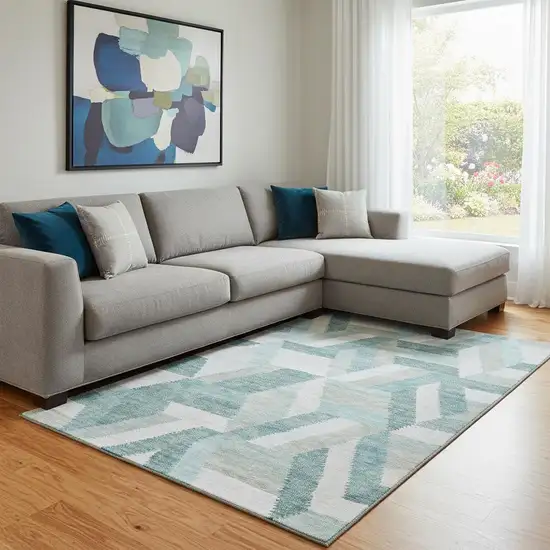 8' Teal Ivory And Gray Geometric Washable Area Rug With UV Protection Photo 2