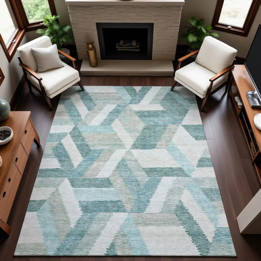8' Teal Ivory And Gray Geometric Washable Area Rug With UV Protection Photo 4