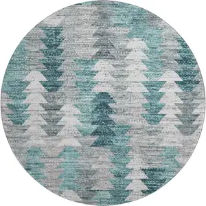 Photo of 8' Teal Ivory And Gray Geometric Washable Round Rug With UV Protection