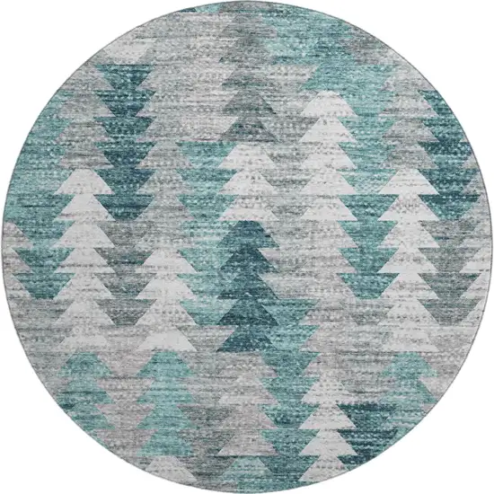 8' Teal Ivory And Gray Geometric Washable Round Rug With UV Protection Photo 1