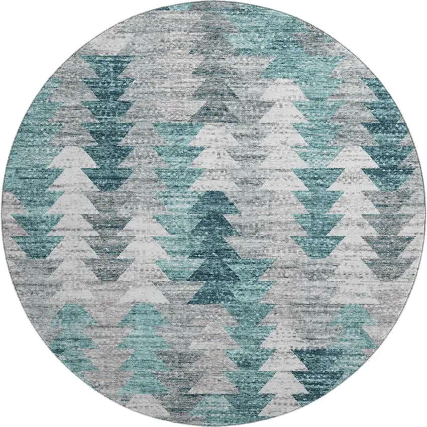 8' Teal Ivory And Gray Geometric Washable Round Rug With UV Protection Photo 1