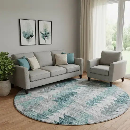 8' Teal Ivory And Gray Geometric Washable Round Rug With UV Protection Photo 1