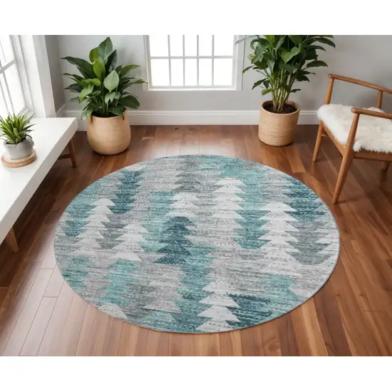 8' Teal Ivory And Gray Geometric Washable Round Rug With UV Protection Photo 2