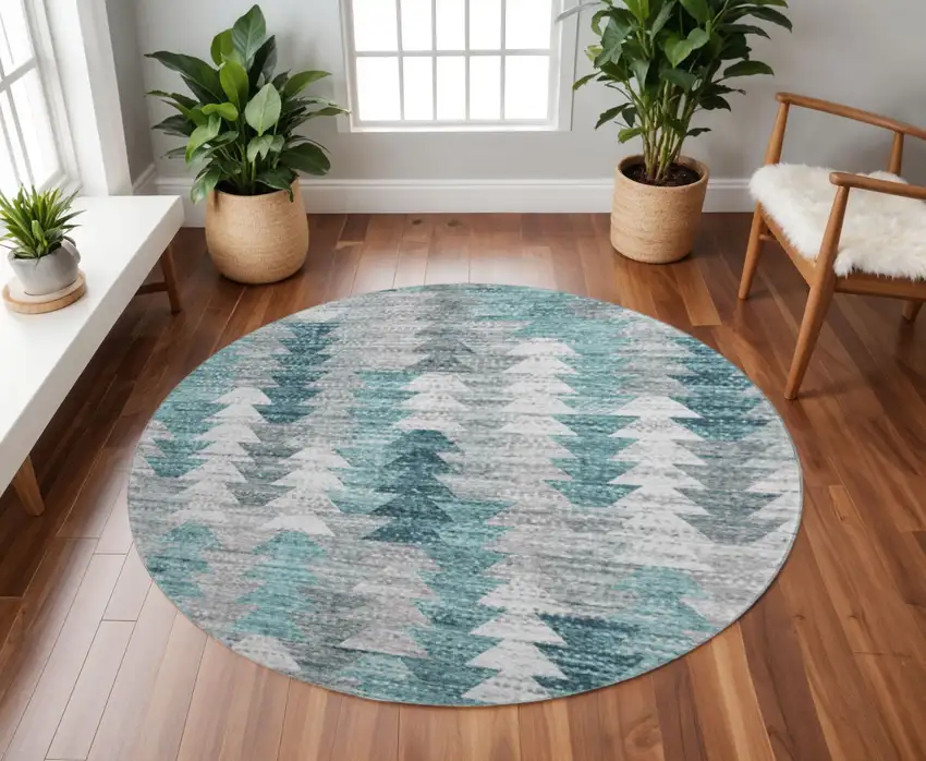 8' Teal Ivory And Gray Geometric Washable Round Rug With UV Protection Photo 2