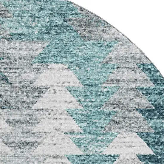 8' Teal Ivory And Gray Geometric Washable Round Rug With UV Protection Photo 3