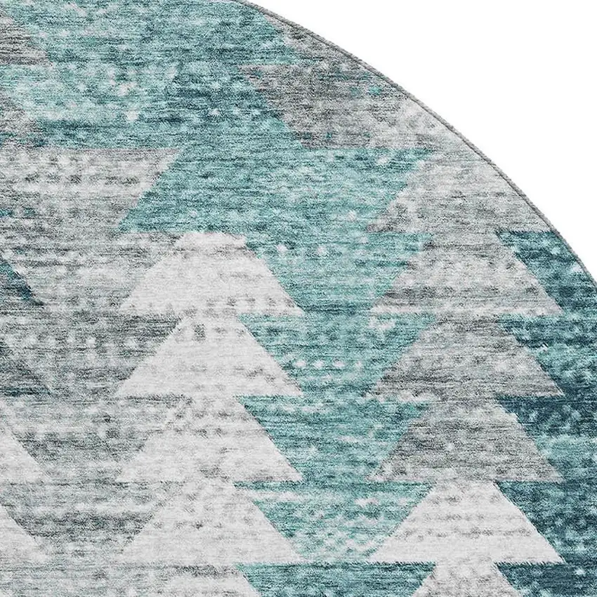 8' Teal Ivory And Gray Geometric Washable Round Rug With UV Protection Photo 3