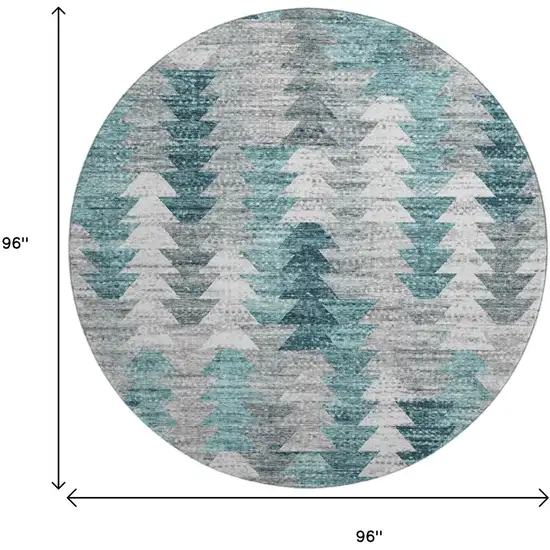 8' Teal Ivory And Gray Geometric Washable Round Rug With UV Protection Photo 3