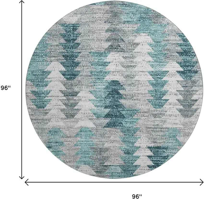 8' Teal Ivory And Gray Geometric Washable Round Rug With UV Protection Photo 3