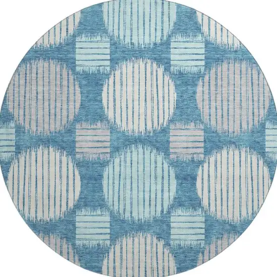 8' Teal Ivory And Gray Geometric Washable Round Rug With UV Protection Photo 4