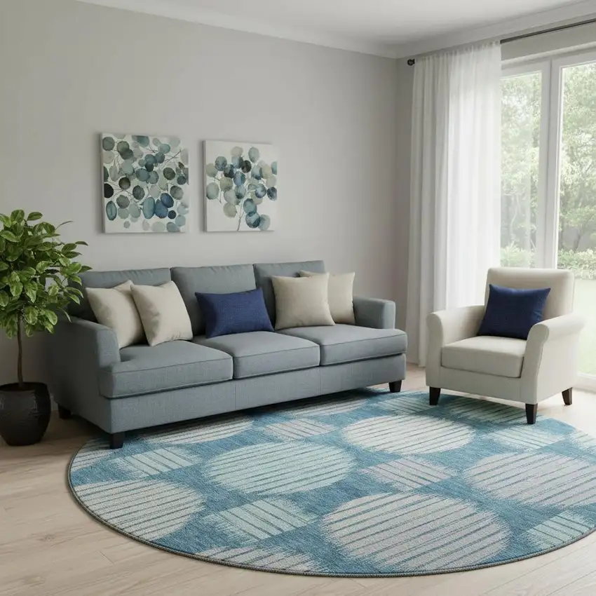 8' Teal Ivory And Gray Geometric Washable Round Rug With UV Protection Photo 1