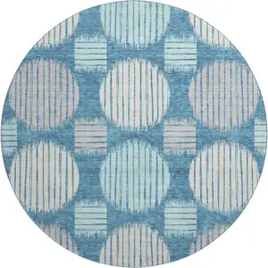 Photo of 8' Teal Ivory And Gray Geometric Washable Round Rug With UV Protection