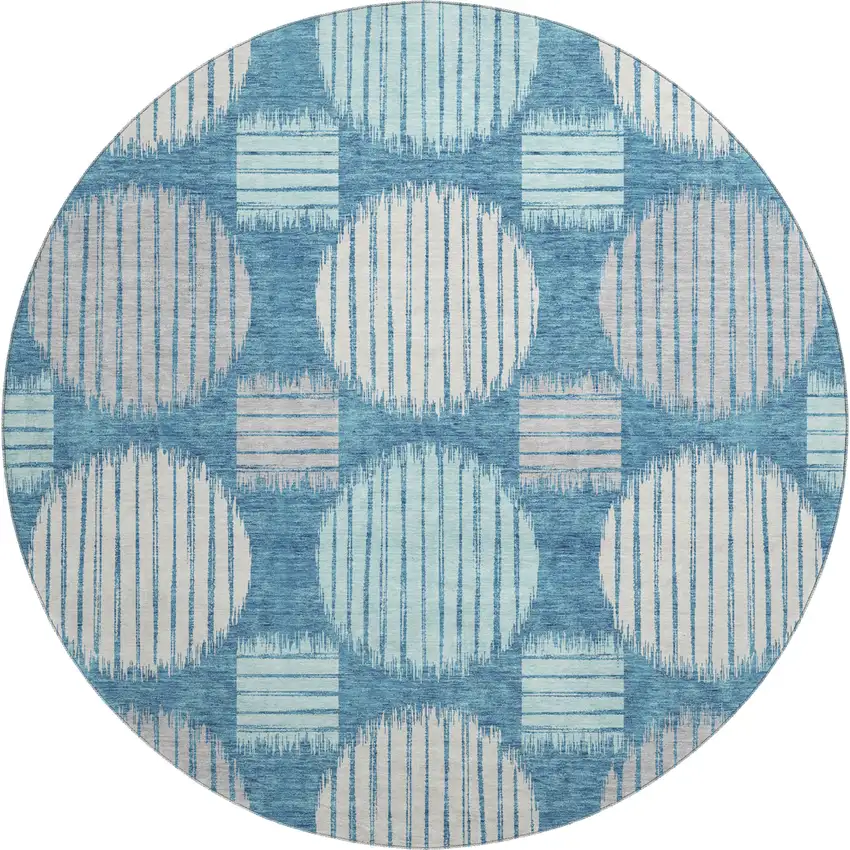 8' Teal Ivory And Gray Geometric Washable Round Rug With UV Protection Photo 1