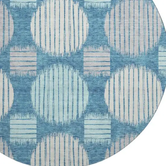 8' Teal Ivory And Gray Geometric Washable Round Rug With UV Protection Photo 3