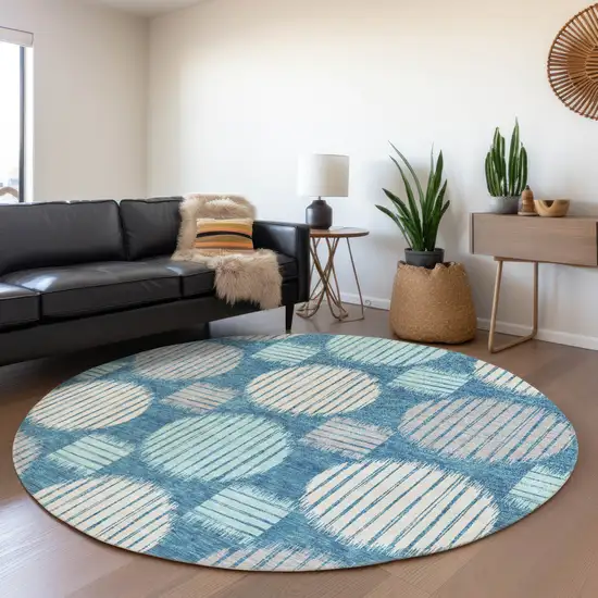 8' Teal Ivory And Gray Geometric Washable Round Rug With UV Protection Photo 5