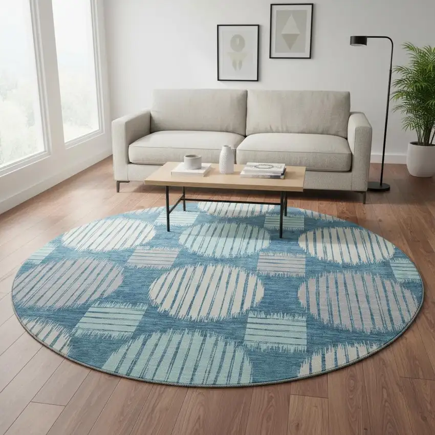 8' Teal Ivory And Gray Geometric Washable Round Rug With UV Protection Photo 2