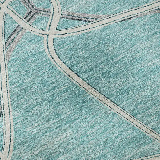 8' Teal Ivory And Gray Geometric Washable Round Rug With UV Protection Photo 8