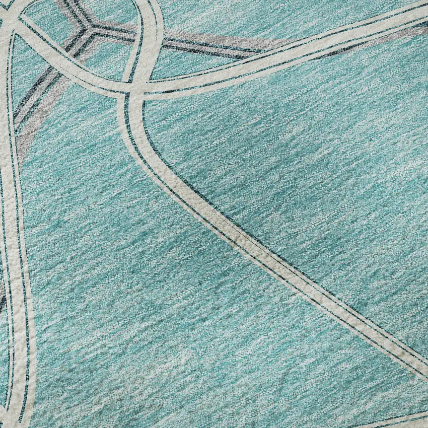 8' Teal Ivory And Gray Geometric Washable Round Rug With UV Protection Photo 8