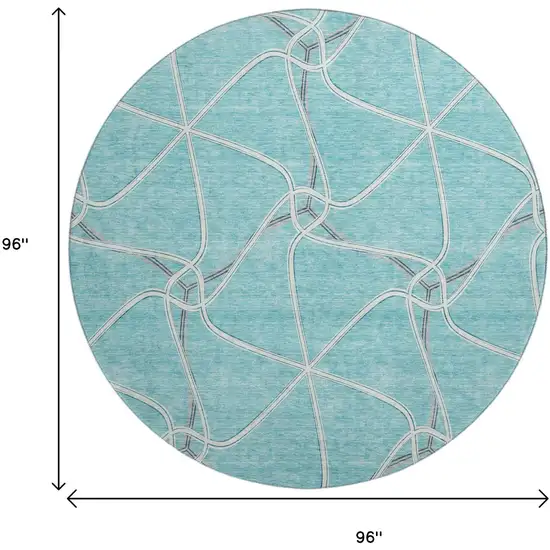 8' Teal Ivory And Gray Geometric Washable Round Rug With UV Protection Photo 9