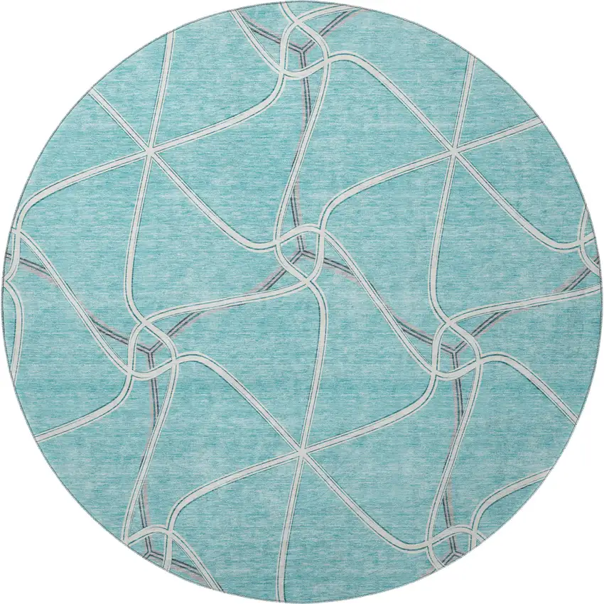 8' Teal Ivory And Gray Geometric Washable Round Rug With UV Protection Photo 3