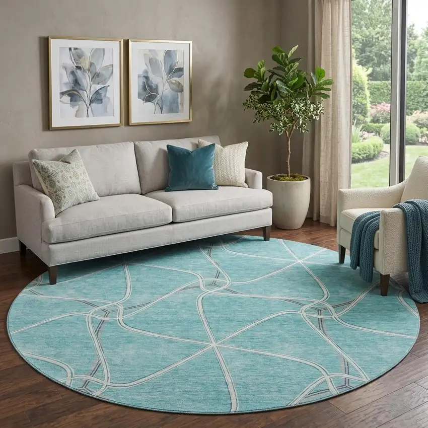 8' Teal Ivory And Gray Geometric Washable Round Rug With UV Protection Photo 1