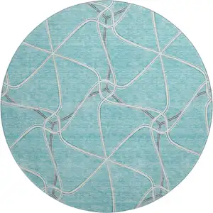 Photo of 8' Teal Ivory And Gray Geometric Washable Round Rug With UV Protection