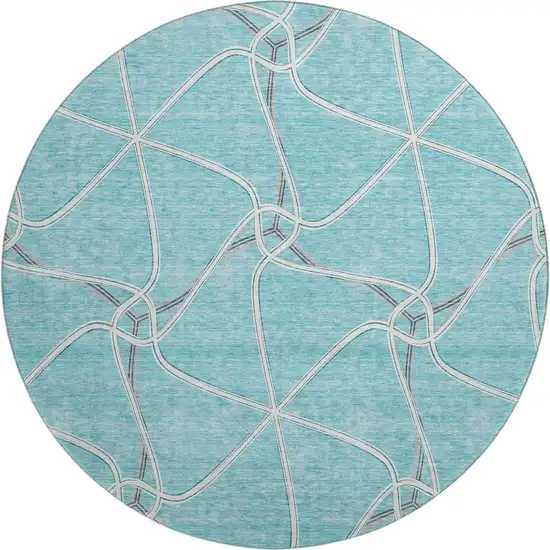 8' Teal Ivory And Gray Geometric Washable Round Rug With UV Protection Photo 1