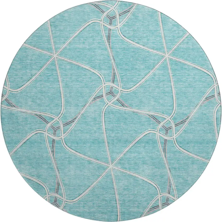 8' Teal Ivory And Gray Geometric Washable Round Rug With UV Protection Photo 1