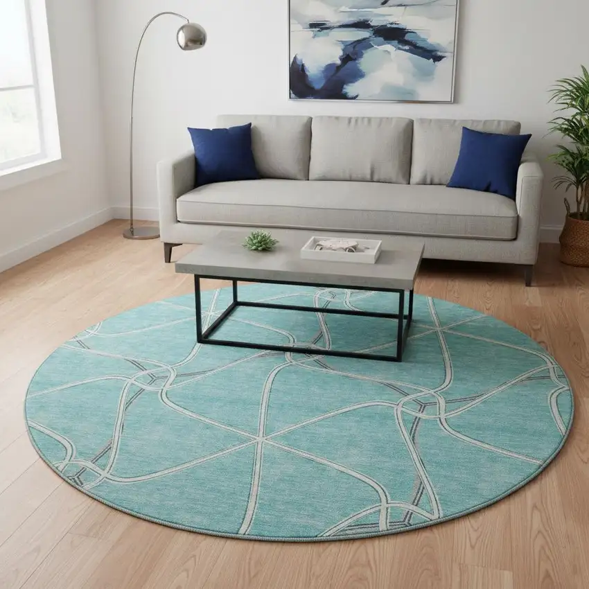 8' Teal Ivory And Gray Geometric Washable Round Rug With UV Protection Photo 2